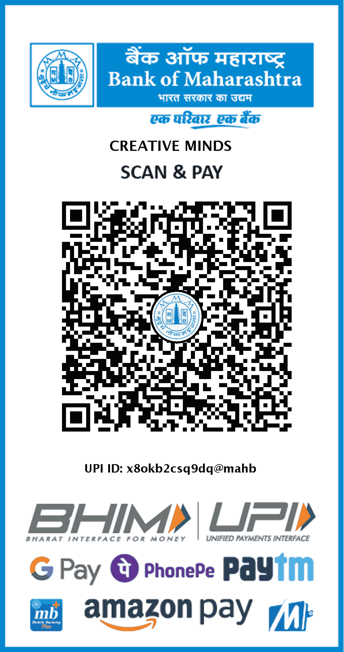 Scan and pay ₹101 – CREATIVE MINDS · Bank of Maharashtra UPI QR code